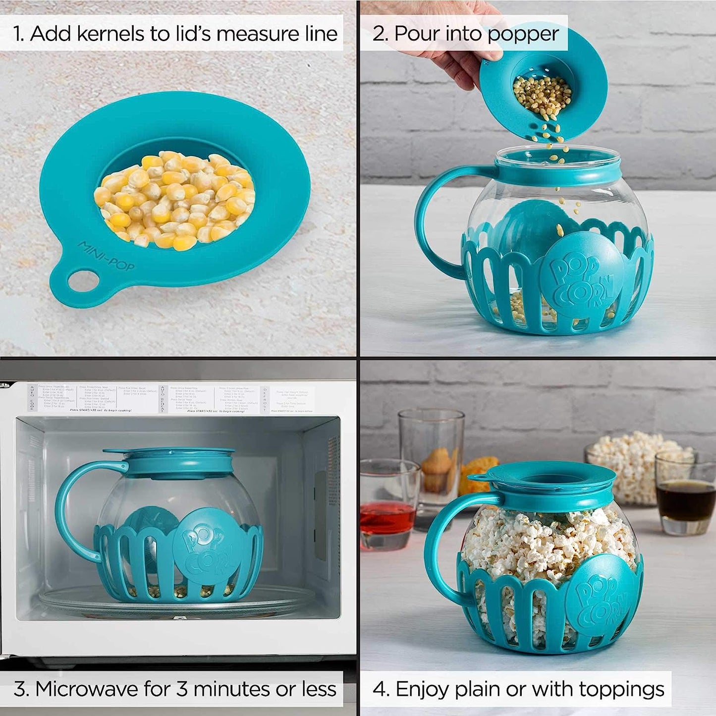 Superior Micro-Pop Microwave Popcorn Popper with Temperature Safe Glass, 3-in-1 Lid Measures Kernels and Melts Butter, Made Without BPA, Dishwasher Safe, 3-Quart, Red
