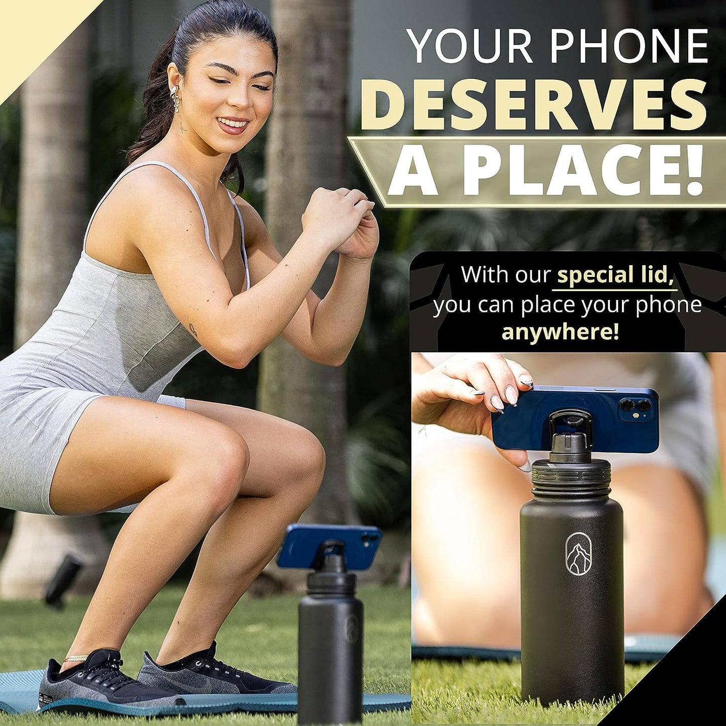 IMPRESSIVE Nomad Souls Water Bottle with Phone Tripod Lid - Function for Watching Videos - 32oz. Keeps Drinks Hot & Cold - Perfect for Hiking, Cycling, and Sports - Black