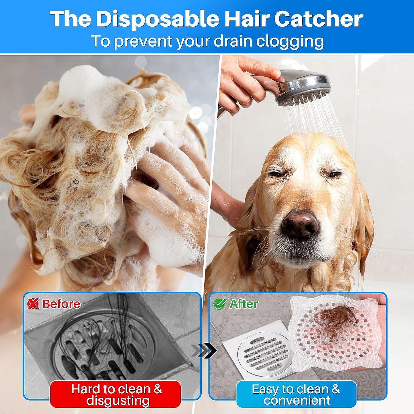 (50 Pack, 4.1 inch Diameter) Disposable Drain Catcher, Strong Adhesion Non-Woven Shower Drain Hair Cover Strainer for Bathroom Kitchen Sink