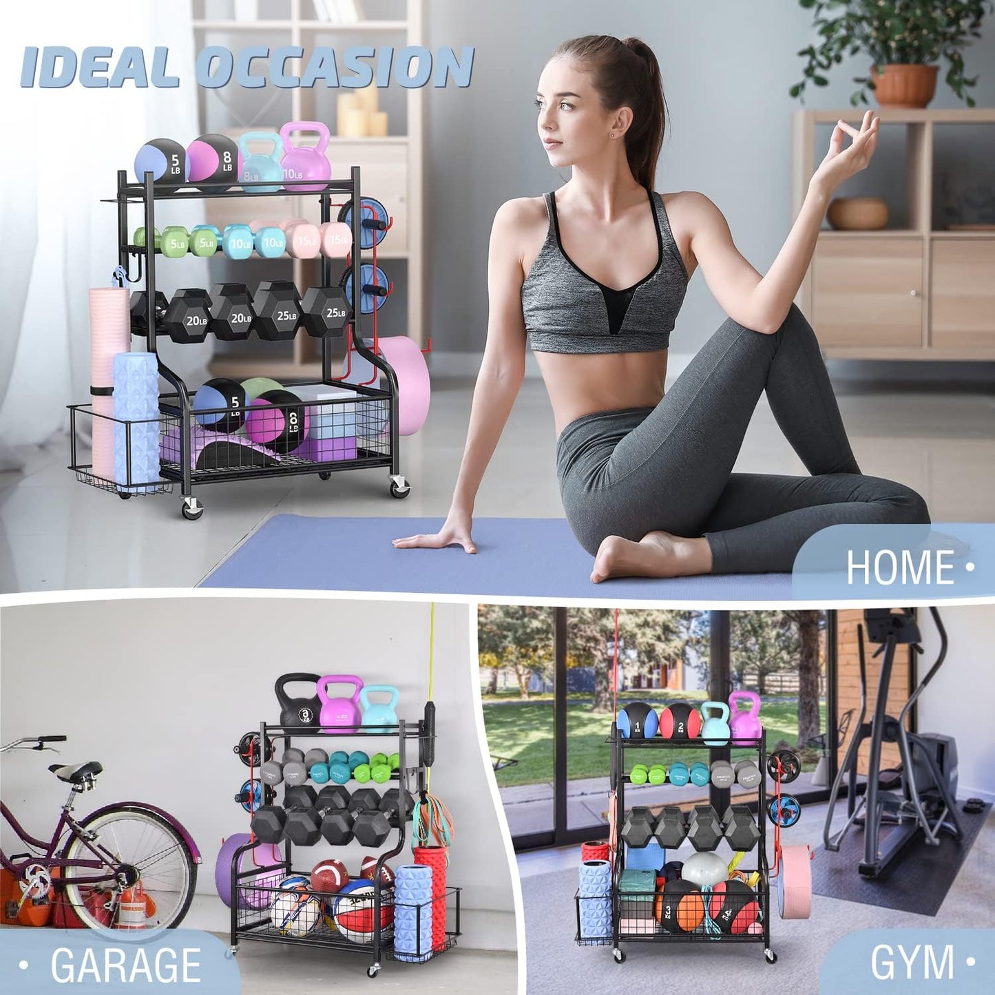 Dumbbell Rack, Weight Rack for Dumbbells, Home Gym Storage for Dumbbells Kettlebells Yoga Mat and Balls, All in One Workout Storage with Wheels and Hooks, Powder Coated Finish Steel