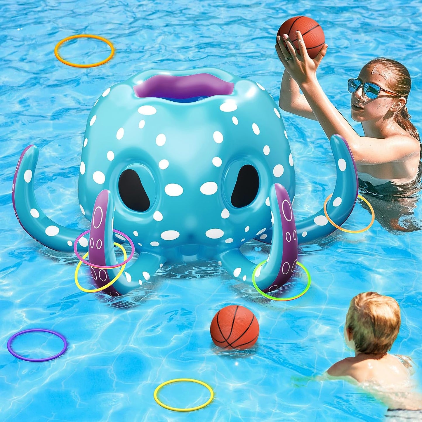 Kids Octopus Pool Toys, 2-in-1 Inflatable Basketball Hoop & Ring Toss Games, Toddler Outdoor Floating Water Fun Play, Cool Summer Swim Family Party Gift 3 4 5 6 7 8 Yr Old Boy Girl Teens