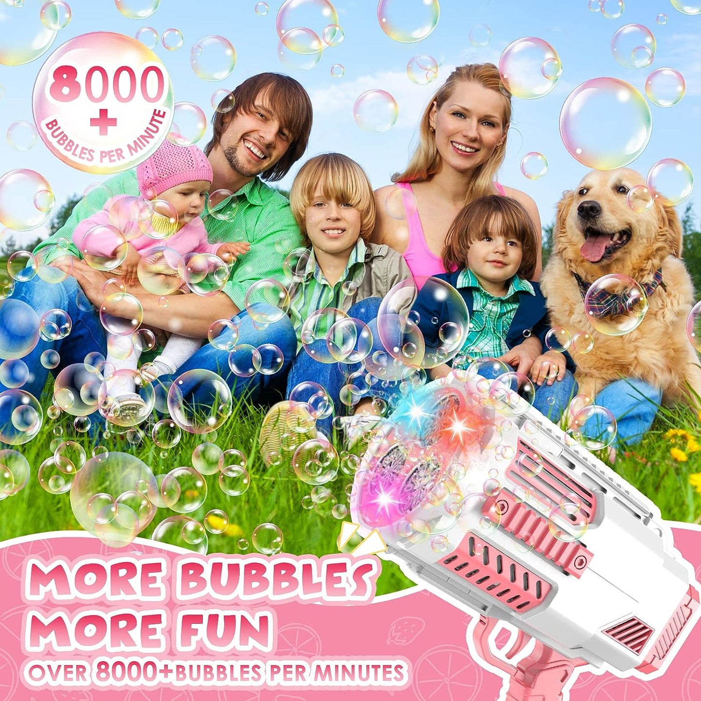 Bubble Machine Automatic Bubble Gun for Kids，Rocket Launcher Bubble Maker Blower,Auto Filling, 8000+ Bubbles Per Minute Bubble Toys for Boys Girls Adults Outdoor Indoor Birthday Wedding Party (Pink)
