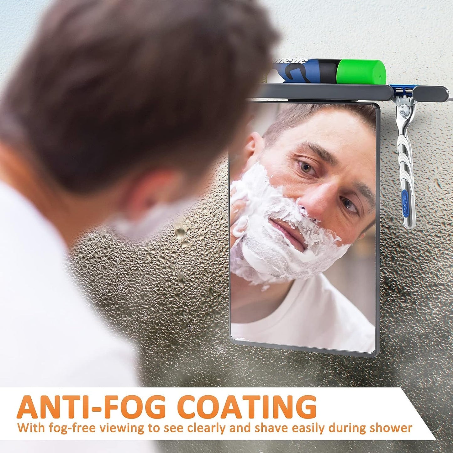 Shower Mirror Fogless for Shaving with Razor Holder, Large Anti Fog Mirror Fogless Suction Wall Mounted NO-Drilling & Removable, Shatterproof & Waterproof - Men and Women (Grey)