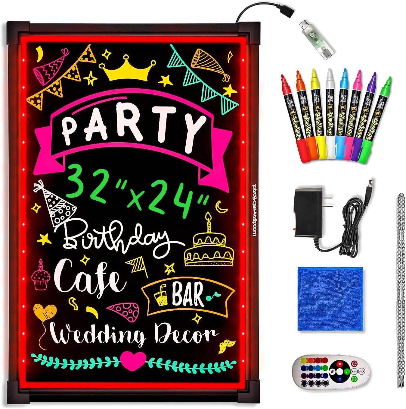 LED Message Writing Board - 32"x24" Flashing Illuminated Erasable Neon Sign With 8 Fluorescent Chalk Markers - Perfect For Shop/Cafe/Bar/Menu/Wedding/Decoration/Promotion/School