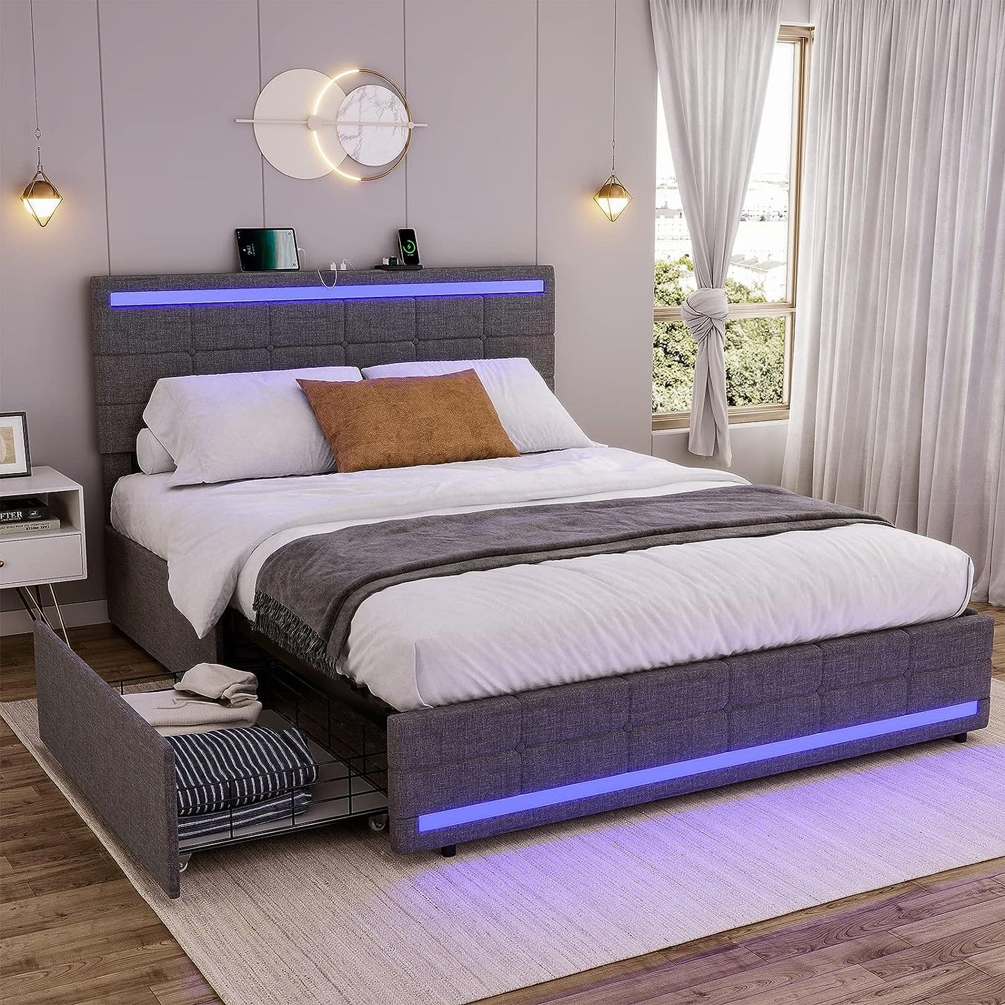 Bed Frame with LED Lights Headboard Footboard, Platform Bed Frame with 4 Drawers and 2 USB Charging Station, LED Bed Frame with Storage, No Box Spring Needed, Light Grey