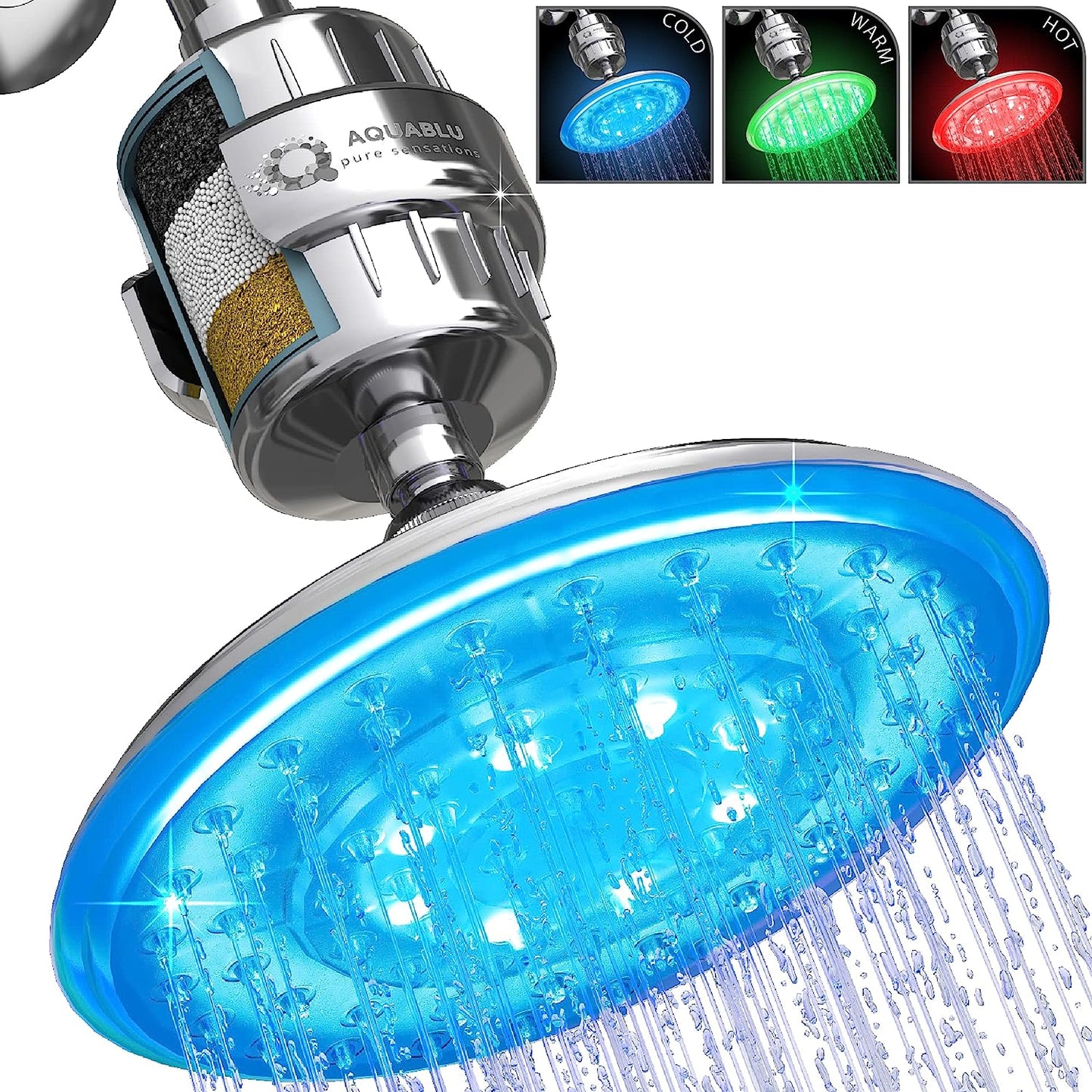 AquaBLU Shower Head - Color Changing LED, Large 8” with High-Pressure & Heavy Duty Shower Filter, Filtered Shower Head for Hard Water, Heavy Metals, Chlorine & More