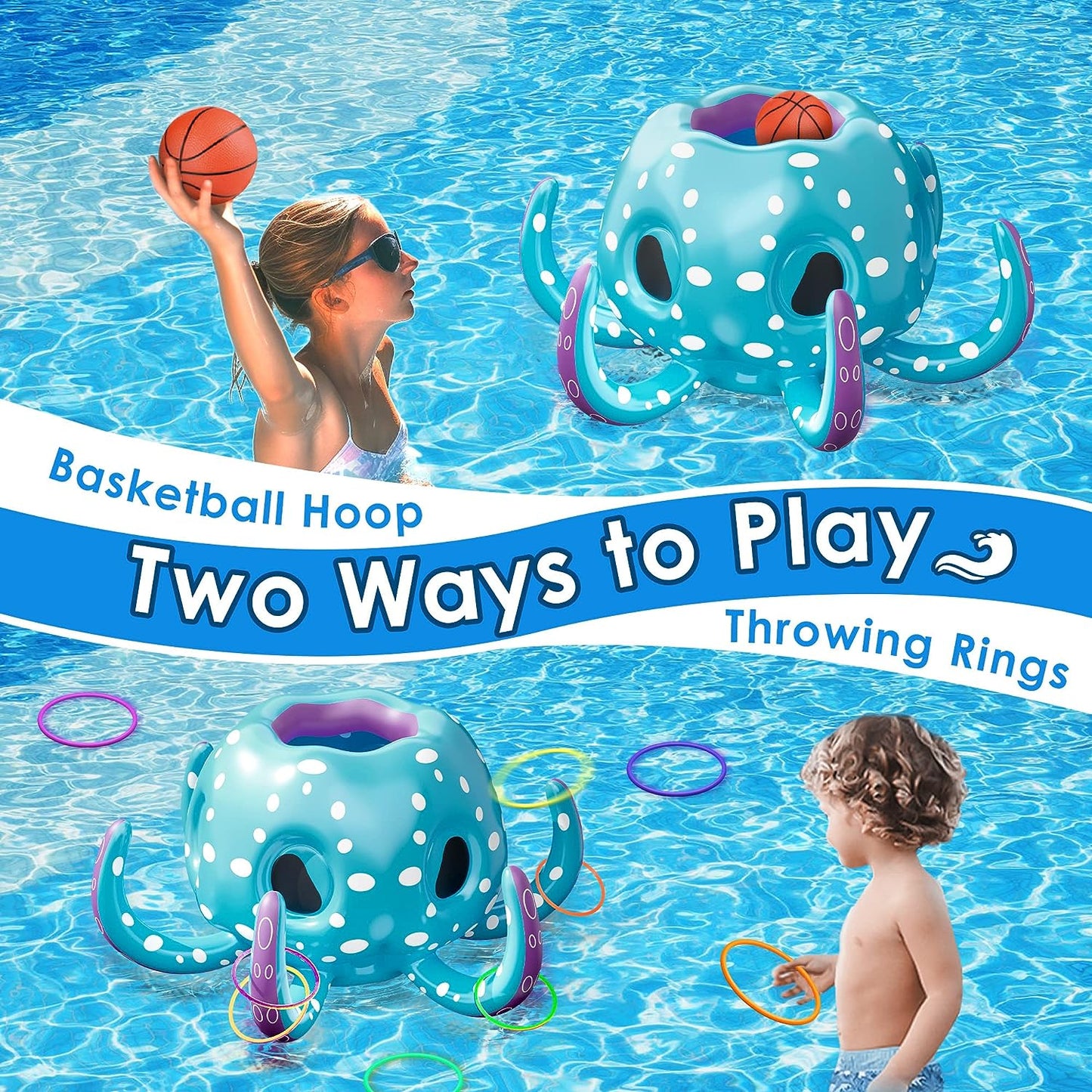 iPlay, iLearn Kids Octopus Pool Toys, 2-in-1 Inflatable Basketball Hoop & Ring Toss Games, Toddler Outdoor Floating Water Fun Play, Cool Summer Swim Family Party Gift 3 4 5 6 7 8 Yr Old Boy Girl Teens