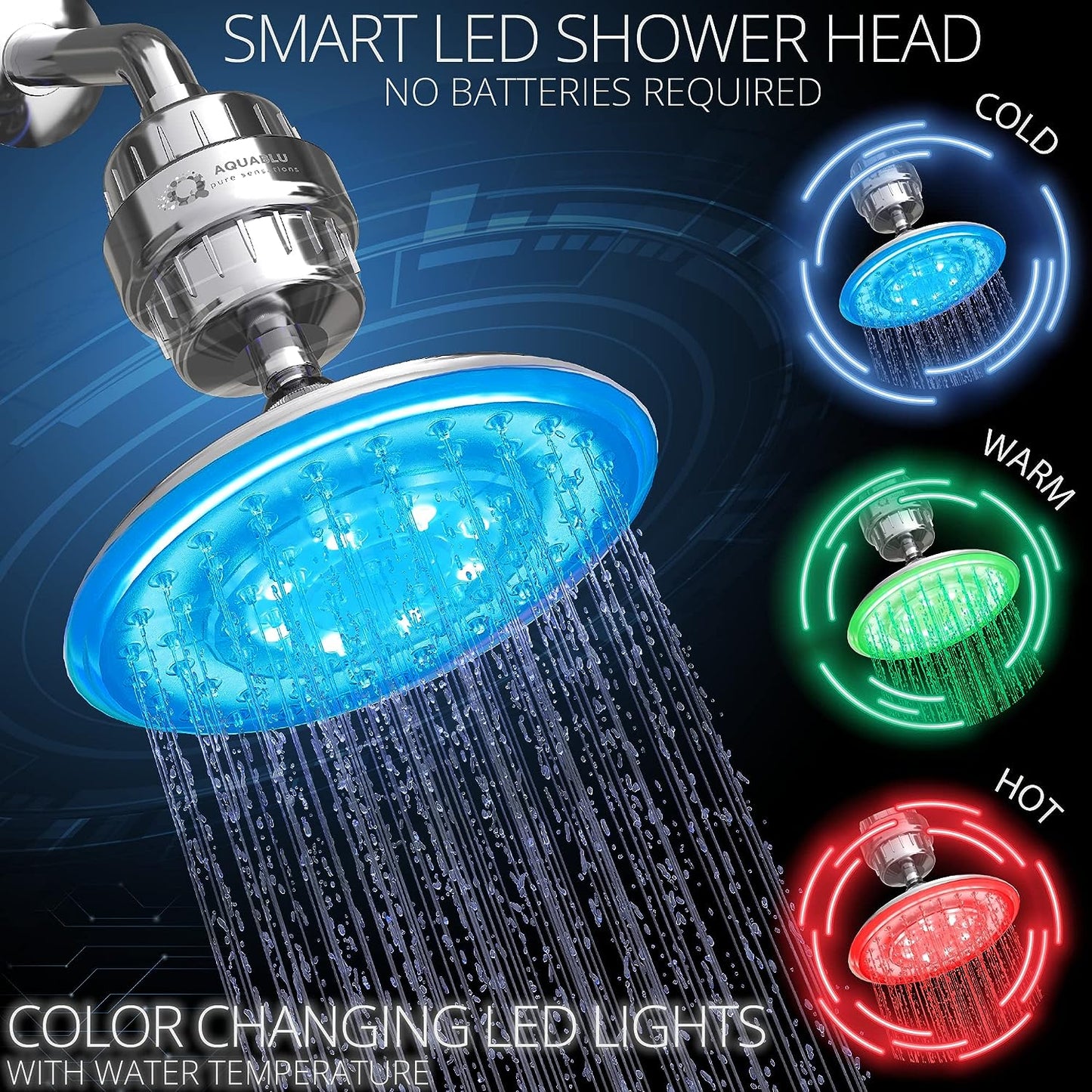 Shower Head - Color Changing LED, Large 8” with High-Pressure & Heavy Duty Shower Filter, Filtered Shower Head for Hard Water, Heavy Metals, Chlorine & More