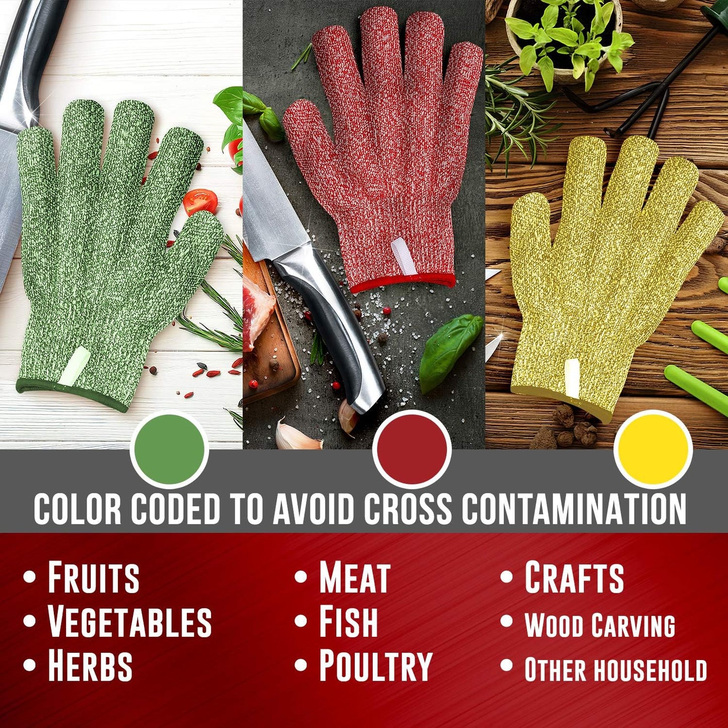 Cut Resistant Gloves - 3 Pack, Food Grade, Fits both hands, Level 5 Protection