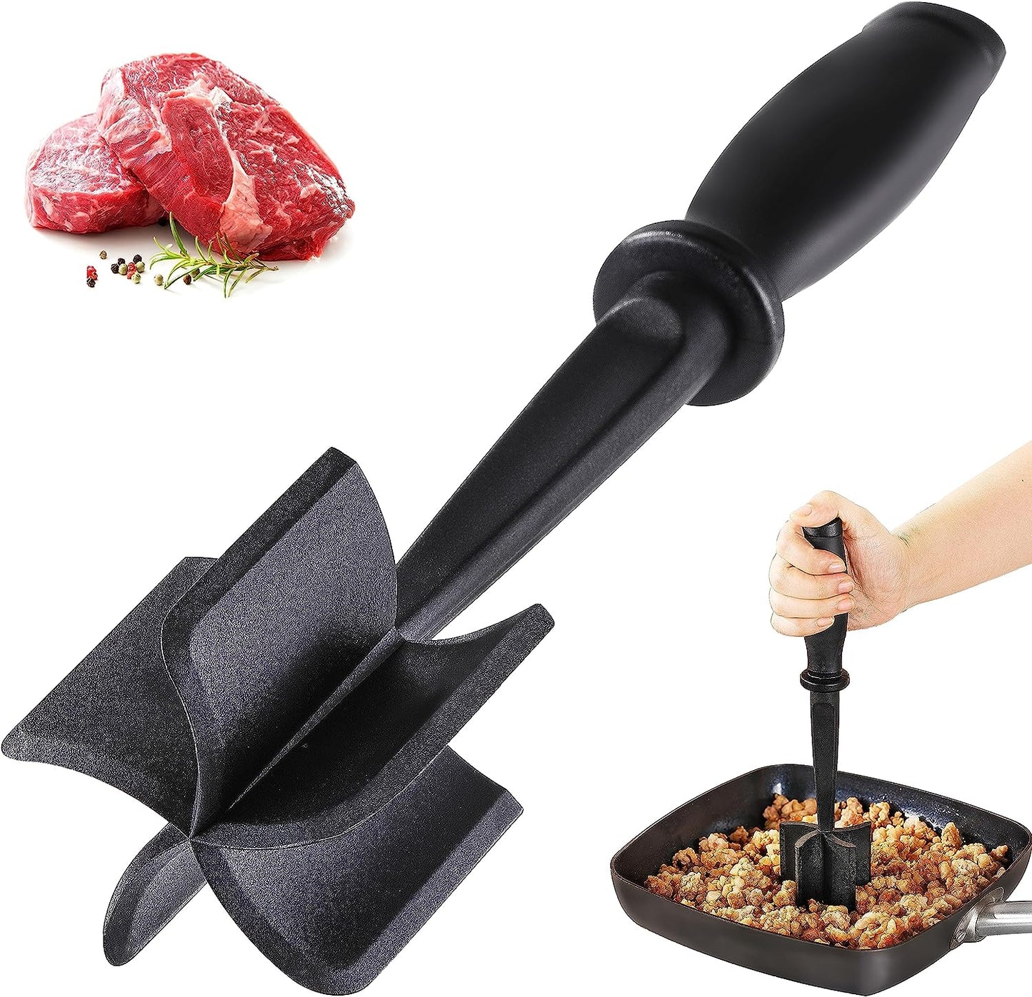 Meat Chopper for Ground Beef, Heat Resistant Meat Masher for Hamburger Meat, 5 Curved Blades Ground Beef Smasher, Nylon Meat Spatula Chopper, Non Stick Hamburger Chopper, Mix and Chop Kitchen Tool